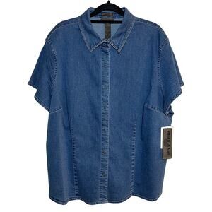 Vintage NWT Jones Jeans Chambray Button Up Short‎ Sleeve Top Blue Denim Size 22W